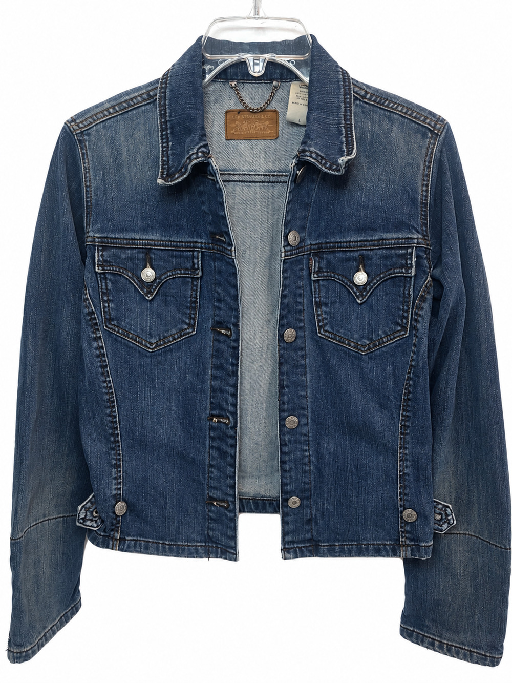 Levi's Classic Denim Trucker Jacket Womens L Blue Stretch Button Front Zip Cuffs